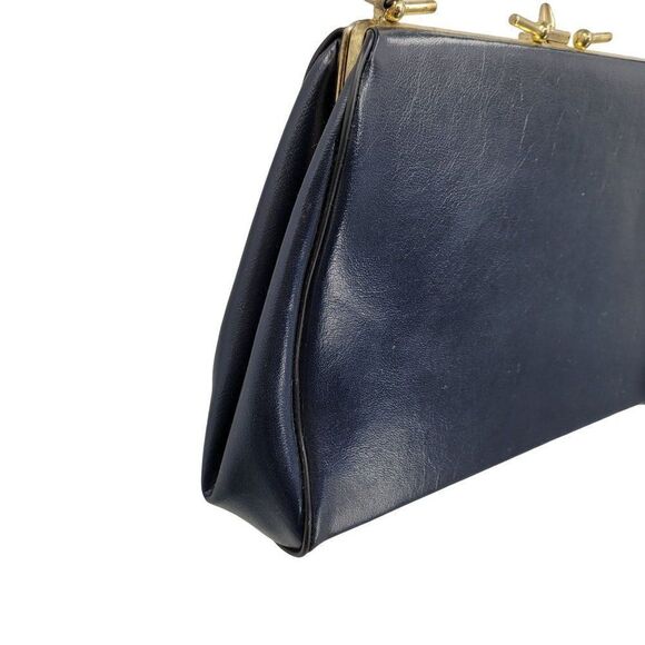 Vintage 60's Handbag Top Handle Vegan Framed Clasp Closure Midnight Blue Gold - Picture 11 of 13